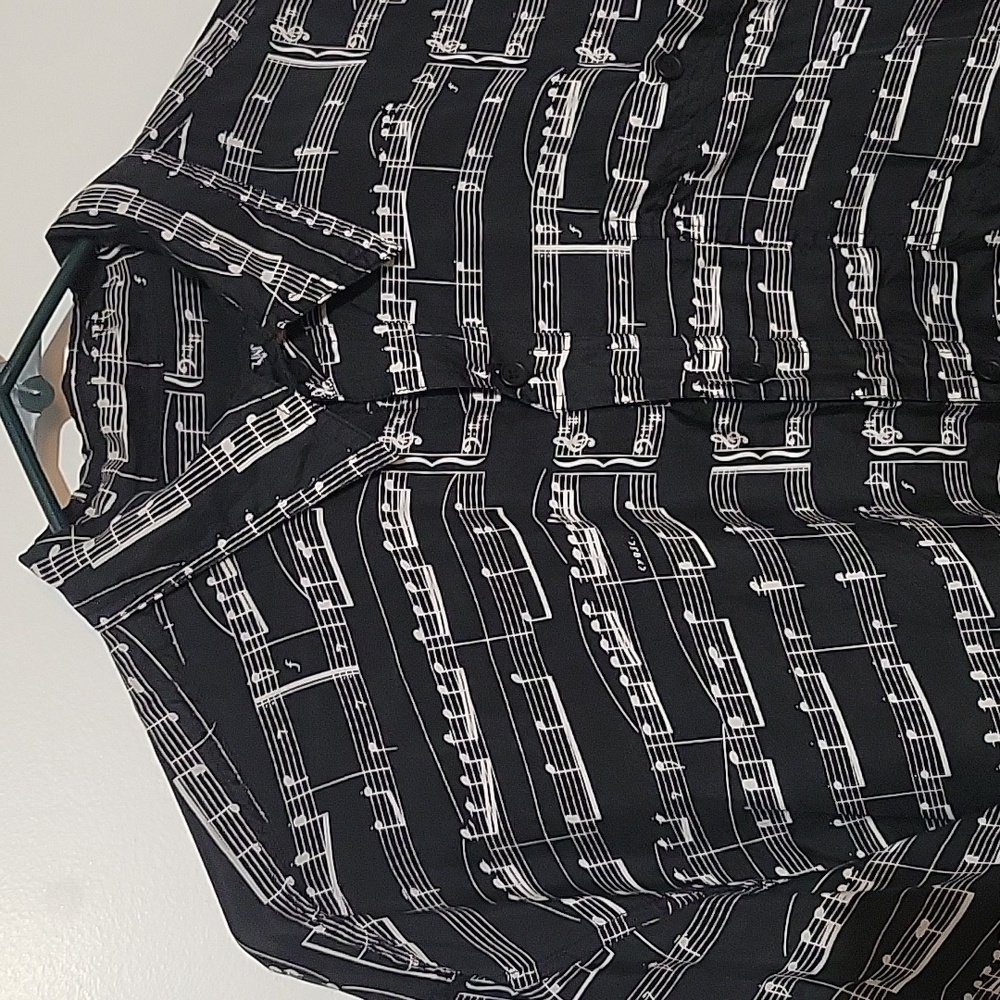 Albert Elouitz Inc Handmade Silk Black Music Note Print Button Up Shirt Size Lg - Picture 3 of 5